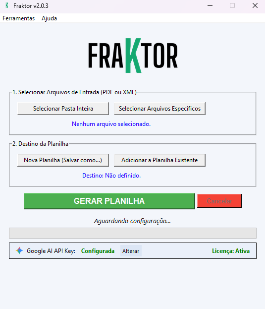 Interface do Fraktor — tela principal do aplicativo